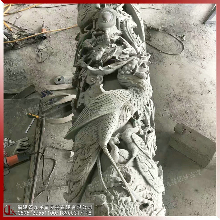 龍鳳浮雕石雕圓柱子